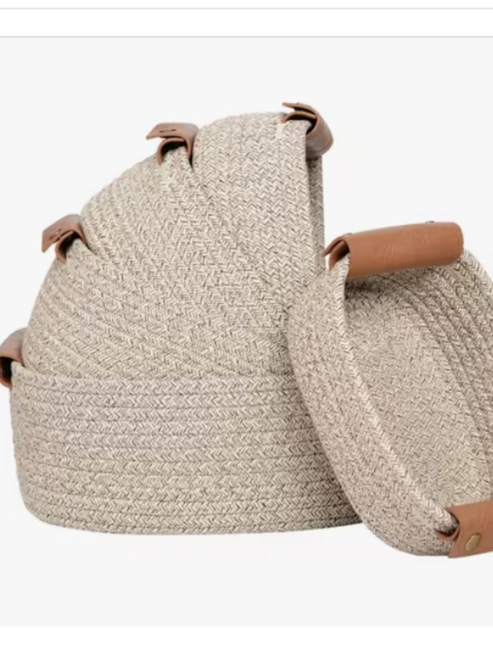 5 PIECE SET NEUTRAL LINEN WOVEN  STORAGE  BASKETS with FAUX LEATHER  HANDLES NIB